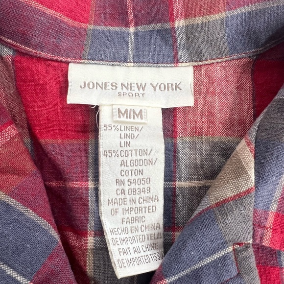 Jones New York Linen Cotton Shirt Womens M Plaid Button-Up Short Sleeve Red Blue - Picture 3 of 6